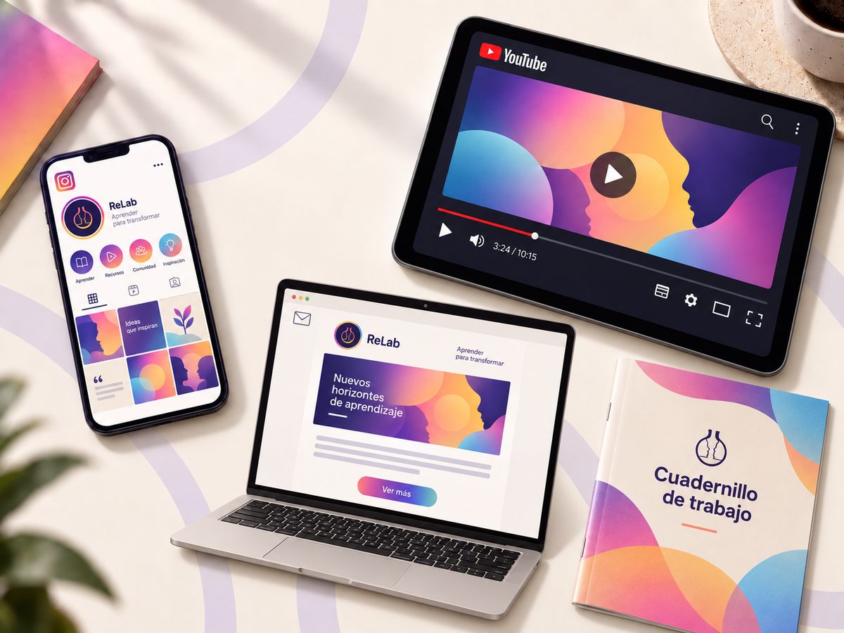 Celular, computador portátil y tableta mostrando el newsletter, el Instagram y el canal de YouTube de ReLab, junto a un cuadernillo de trabajo