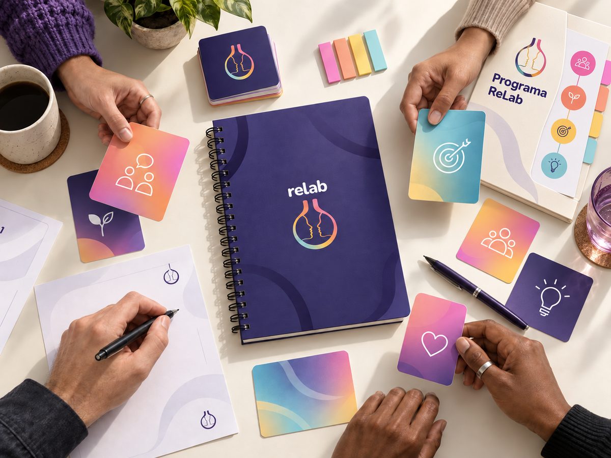 Varias personas alrededor de una mesa trabajando con las tarjetas, el cuaderno y los materiales del programa ReLab
