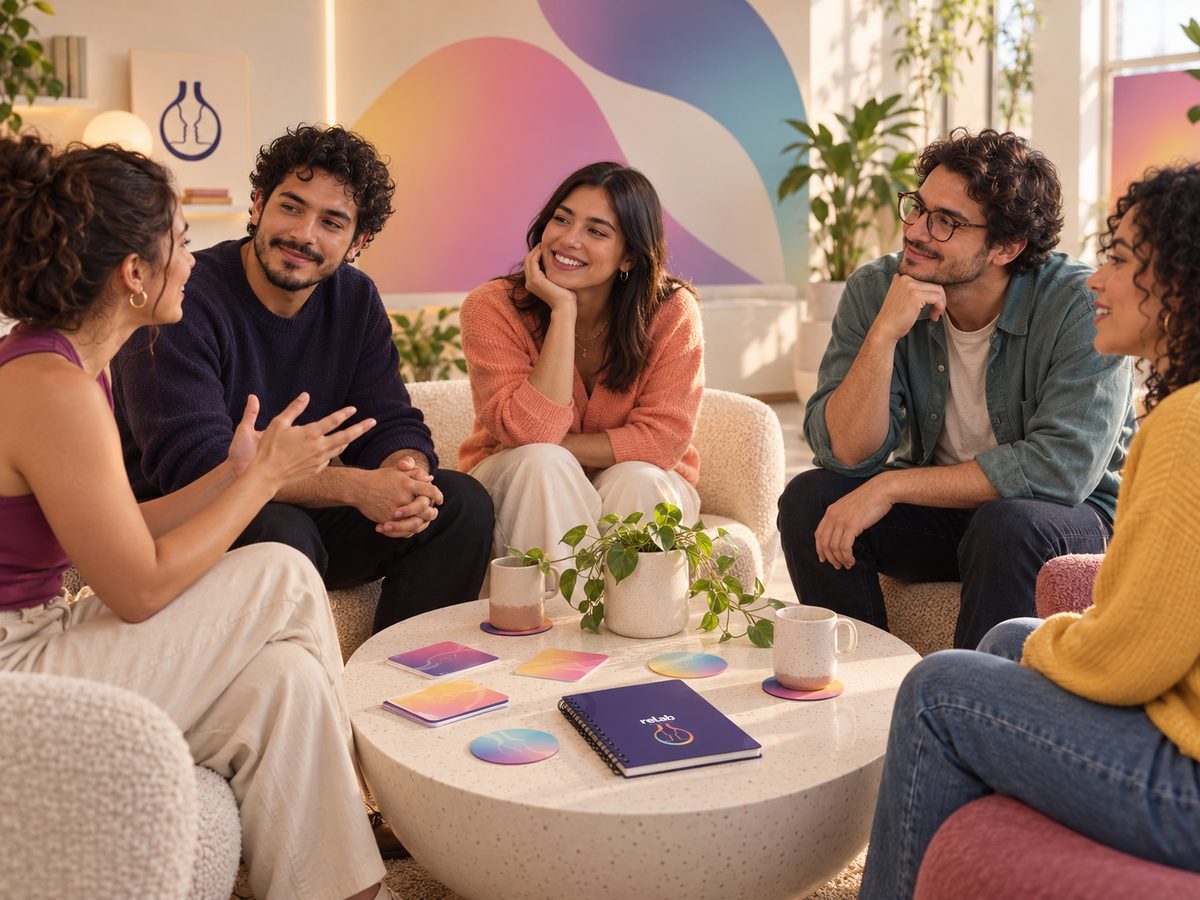 Cinco personas conversando sentadas en círculo en una sala cálida y luminosa
